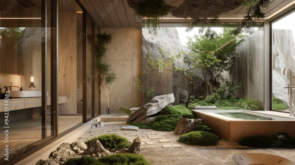 Zen-inspired bathroom with natural stone and greenery Zen-inspired bathroom with natural stone and greenery