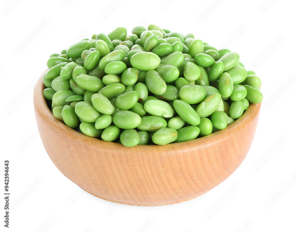 Raw green edamame soybeans in bowl isolated on white Raw green edamame soybeans in bowl isolated on white