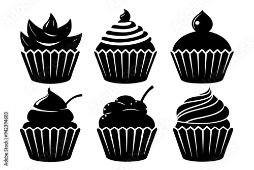  Six different style cup cakes silhouette vector illustration