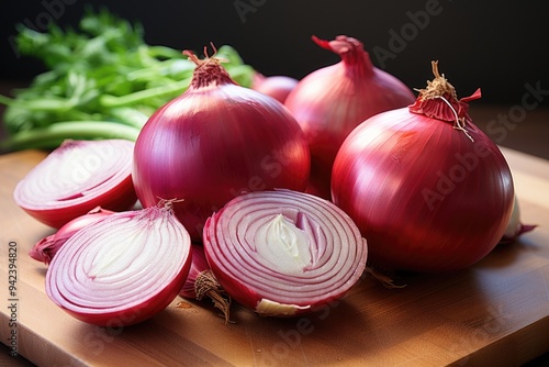 Whole and sliced ??red onion, isolated fresh onion on the white surface with cli, generative IA photo