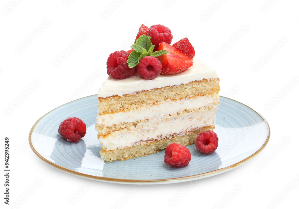 Piece of tasty sponge cake with fresh berries and mint isolated on white Piece of tasty sponge cake with fresh berries and mint isolated on white
