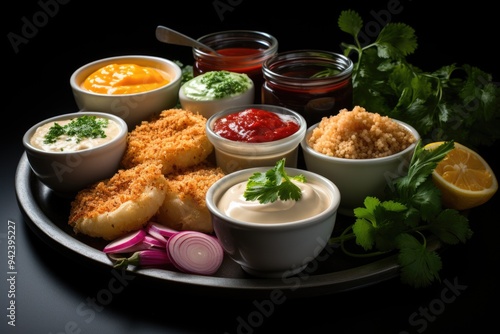 Onion rings with aligned condiments, generative IA