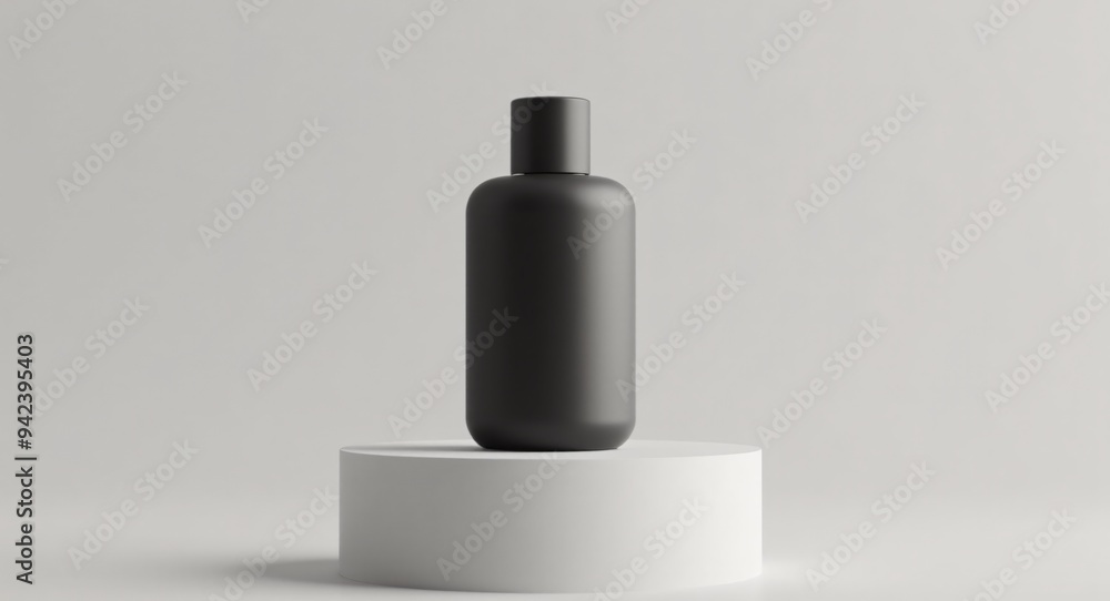 Mockup of black blank perfume bottle on podium against neutral beige background. Mockup of black blank perfume bottle on podium against neutral beige background.