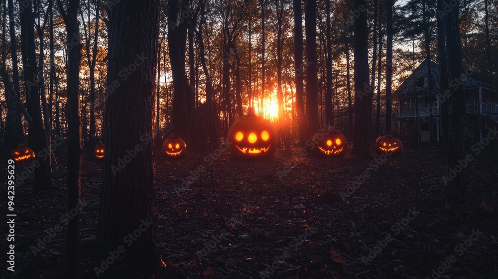 A spooky forest sunset with a haunted evil glowing eyes of Jack O' Lanterns A spooky forest sunset with a haunted evil glowing eyes of Jack O' Lanterns
