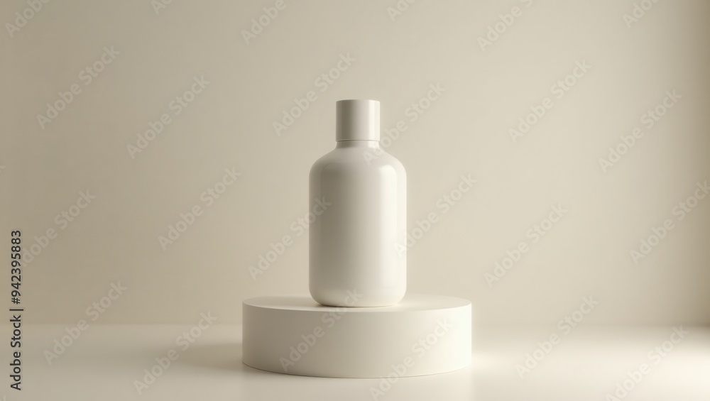 Mockup of white blank perfume bottle on podium against neutral beige background. Mockup of white blank perfume bottle on podium against neutral beige background.