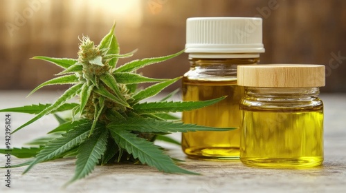 Cannabis CBD oil extracts in jars herb and leaves