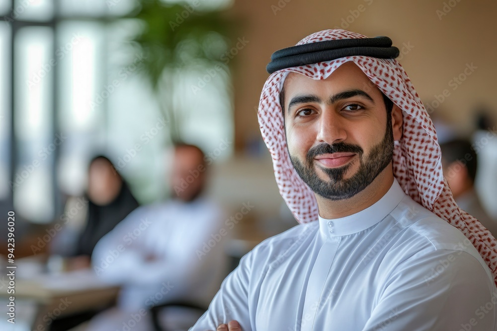Middle East Arab man in Kandura at office with colleagues coworker workmates at background. Emirati national businessman on dishdasha ideal for Middle Eastern diversity concept with generative ai Middle East Arab man in Kandura at office with colleagues coworker workmates at background. Emirati national businessman on dishdasha ideal for Middle Eastern diversity concept with generative ai