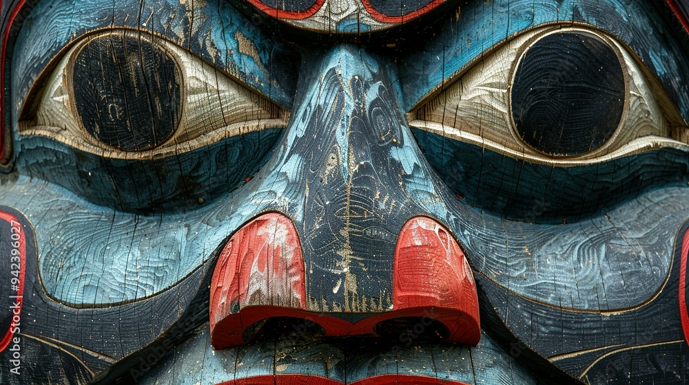 Close-up of a Carved Wooden Totem Pole Face Close-up of a Carved Wooden Totem Pole Face