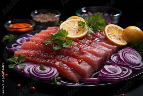 Crux fish sliced ??in slices with onion and lemon rings on the dark plate snack , generative IA