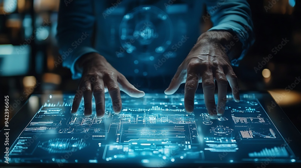 Hands hover over a futuristic interface, bridging the gap between touch and technology. Hands hover over a futuristic interface, bridging the gap between touch and technology.