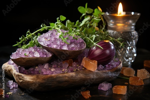 Black sweet potato dish and purple onion on the surface of the stone, generative IA photo