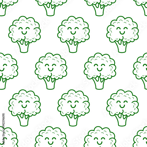 Seamless pattern with cute happy smiling funny broccoli vegetable kawaii character. Modern line style cartoon icons on white background. Healthy food concept.