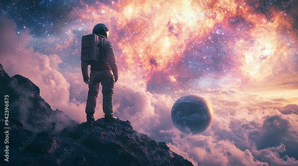 Perched on a mountain, an astronaut looks out at a distant planet under a starry sky, filled with wonder. Perched on a mountain, an astronaut looks out at a distant planet under a starry sky, filled with wonder.