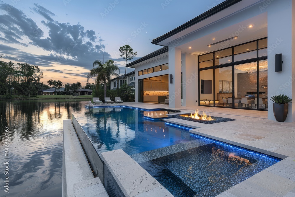 Fototapeta premium Modern luxury Florida home with large pool, fire pit, white stucco walls, blue LED lights, and lake view with palm trees.