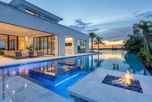 Modern luxury Florida home with large pool, fire pit, white stucco walls, blue LED lights, and lake view with palm trees.