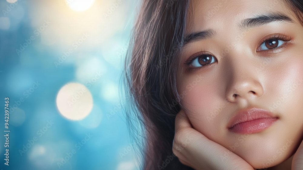 A woman with long brown hair and brown eyes is looking down at her hands A woman with long brown hair and brown eyes is looking down at her hands