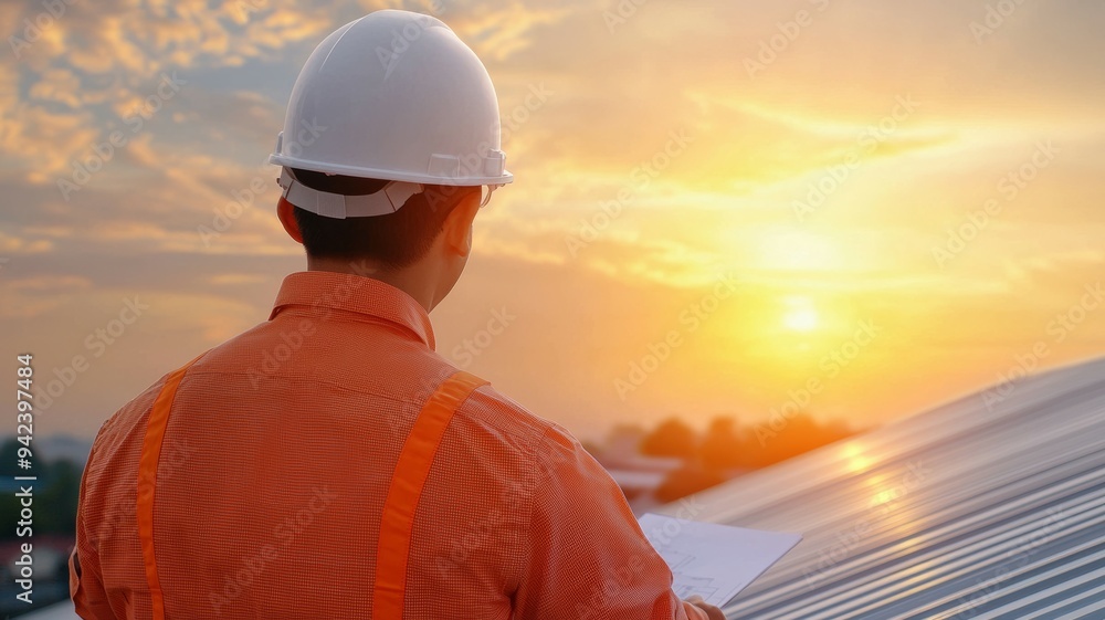 A man in a white helmet and orange shirt is looking at the sun A man in a white helmet and orange shirt is looking at the sun