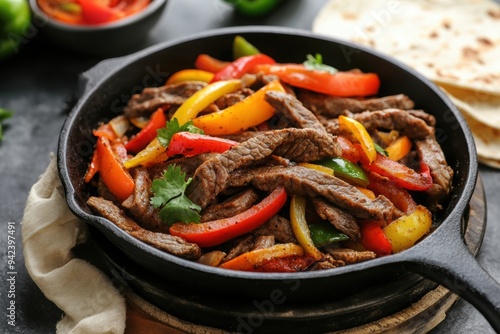 Grass fed beef fajitas sizzling in a cast iron skillet, with colorful bell peppers and onions, served with warm tortillas 