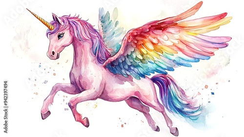 A watercolor unicorn soars with rainbow wings, a creature of pure magic and imagination.