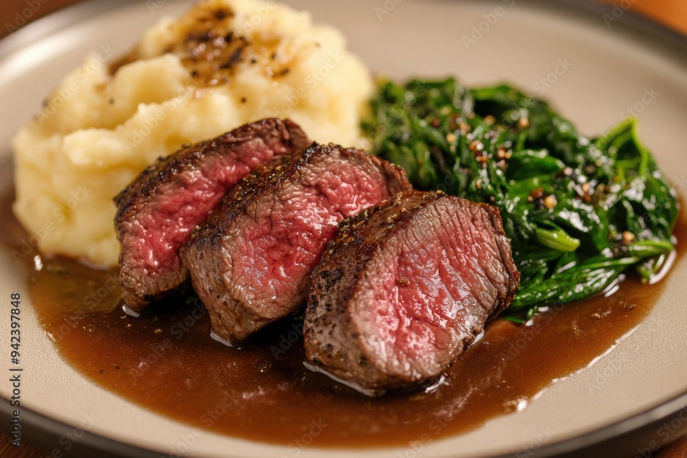 Seared grass fed beef tenderloin, served with a side of truffle mashed potatoes and sautéed spinach. Dinner food. Seared grass fed beef tenderloin, served with a side of truffle mashed potatoes and sautéed spinach. Dinner food.