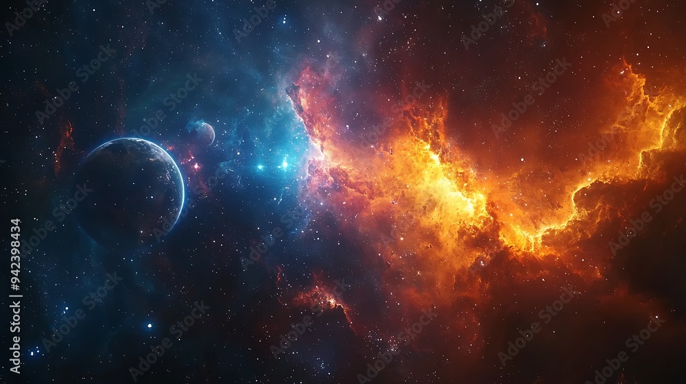 In the depths of space, a nebula glows with a nearby planet and countless stars, a window to infinity. In the depths of space, a nebula glows with a nearby planet and countless stars, a window to infinity.