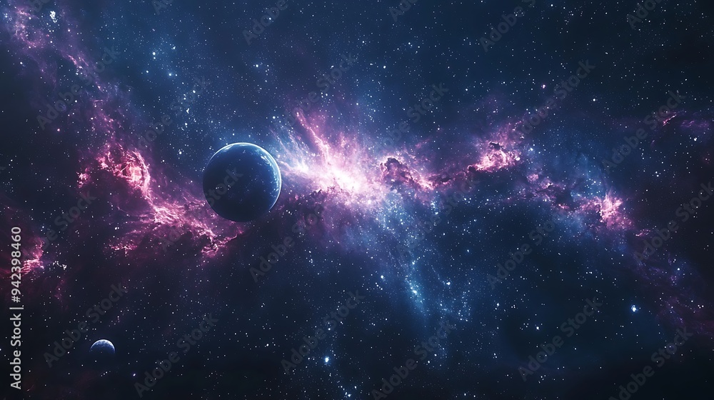 A cosmic nebula swirls in deep space, adorned with a distant planet and shimmering stars, a backdrop to the universe's grandeur. A cosmic nebula swirls in deep space, adorned with a distant planet and shimmering stars, a backdrop to the universe's grandeur.