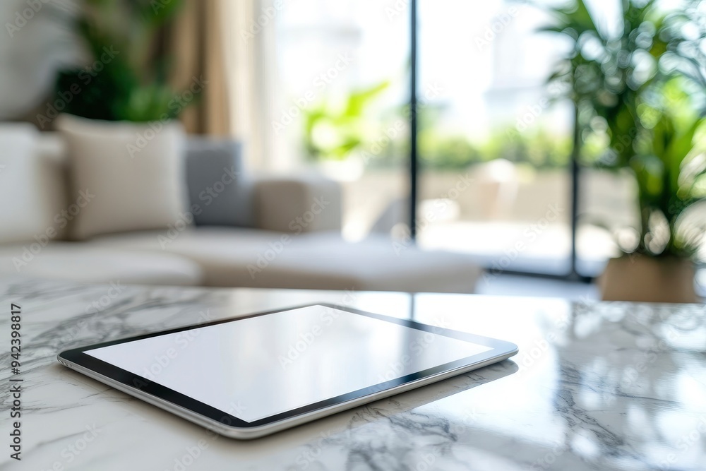 Mock up tablet on marble counter with copy space in blurred living room background with generative ai Mock up tablet on marble counter with copy space in blurred living room background with generative ai