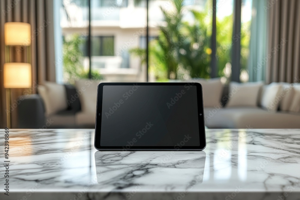 Mock up tablet on marble counter with copy space in blurred living room background with generative ai