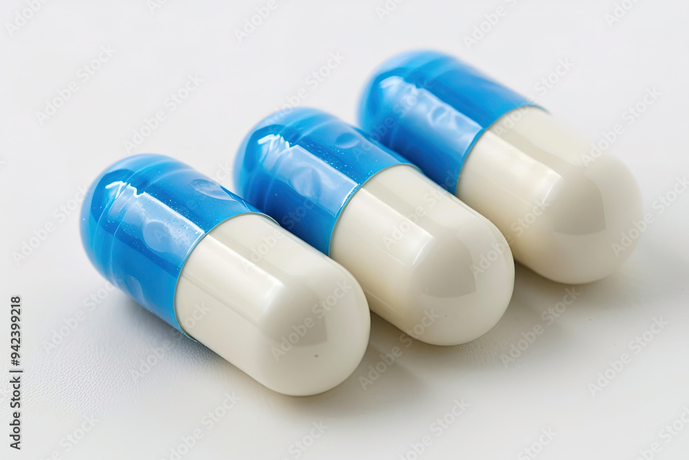 blue and white antibiotic capsule pills on a white background blue and white antibiotic capsule pills on a white background
