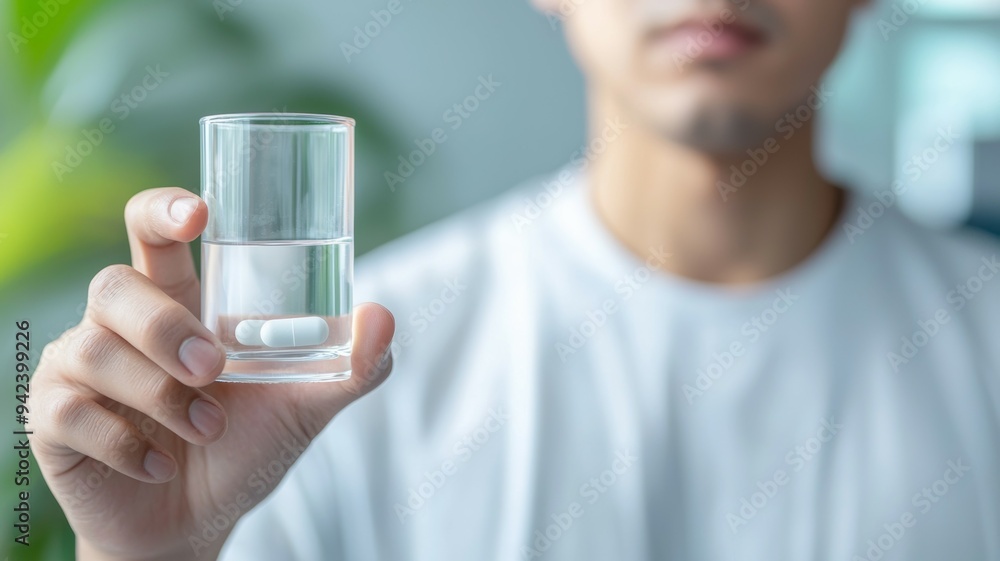 A man holding a glass of water with a pill in it A man holding a glass of water with a pill in it