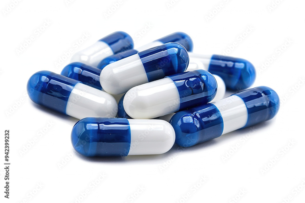 blue and white antibiotic capsule pills on a white background blue and white antibiotic capsule pills on a white background