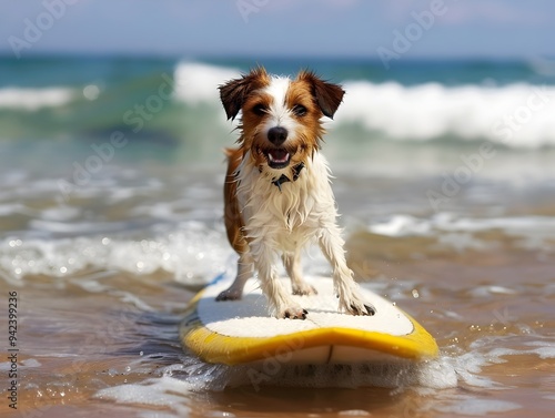 Happy dog on the beach, dog in the water, dog in the sea