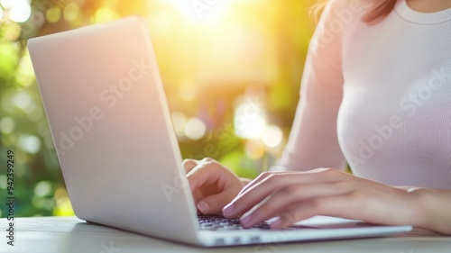 A woman is typing on a laptop computer