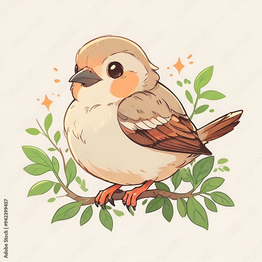 Cute Cartoon Sparrow on a Branch Cute Cartoon Sparrow on a Branch