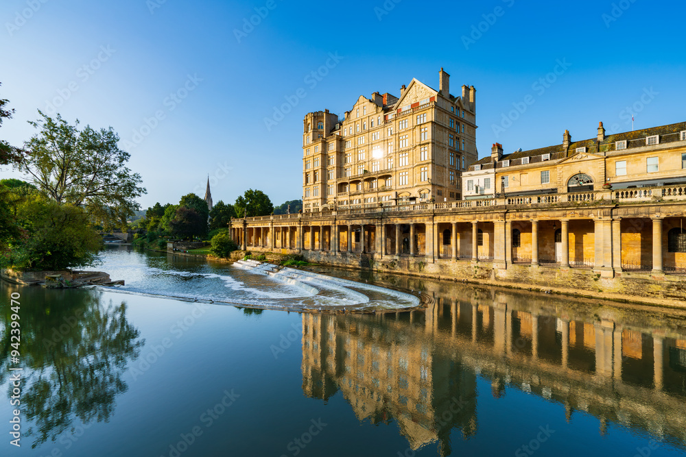 Morning scenery of Pulteney weir at River Avon in city of Bath, Somerset. England