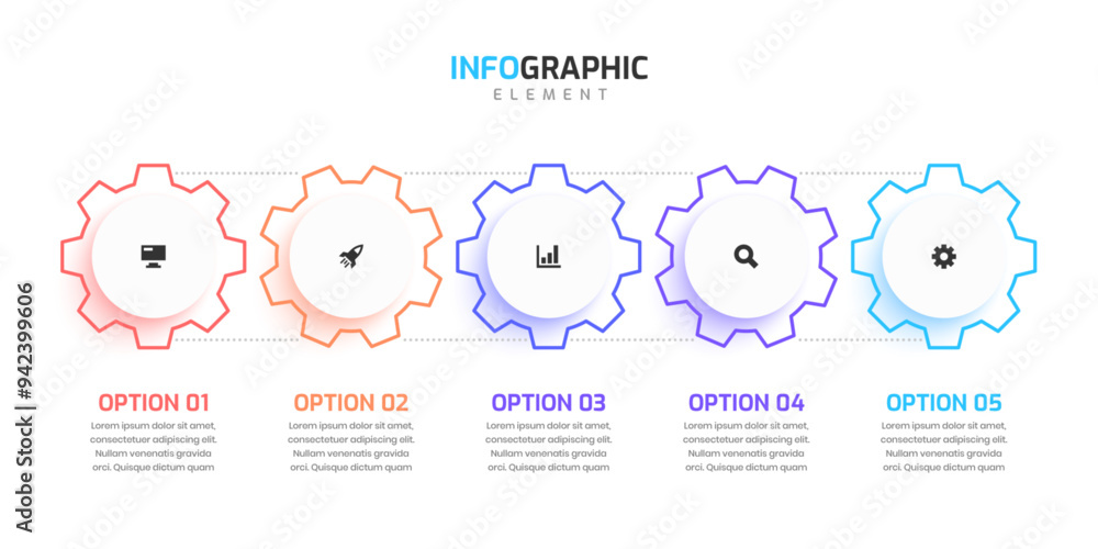 Fototapeta premium Business Infographic Gear with Thin Line Circle Label 5 Option and Icon for Presentation Chart