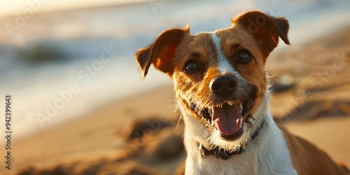 Happy dog on the beach, dog in the water, dog in the sea