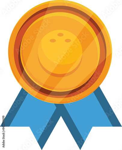 Shiny golden medal with a bowling ball symbol is being awarded to the winner of a bowling competition