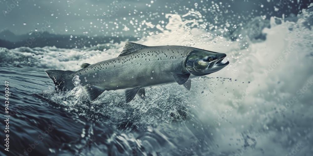 Fototapeta premium Atlantic Salmon Leaping in Freshwater Rapids