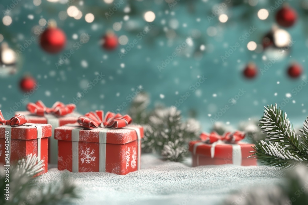 Delightful holiday gifts adorned with bows and snowflakes, surrounded by festive decorations and shimmering ornaments on a cheerful winter day Delightful holiday gifts adorned with bows and snowflakes, surrounded by festive decorations and shimmering ornaments on a cheerful winter day