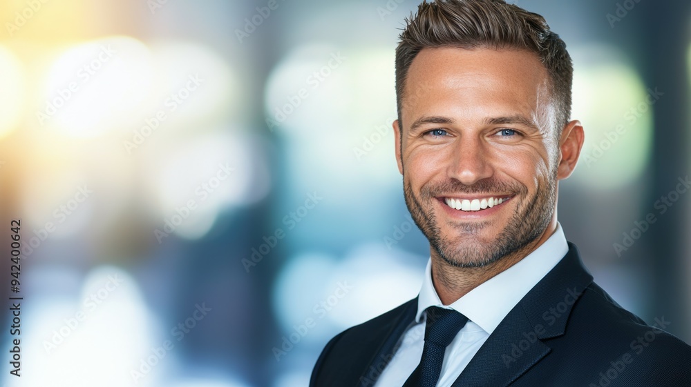 A man in a suit and tie is smiling and looking at the camera A man in a suit and tie is smiling and looking at the camera