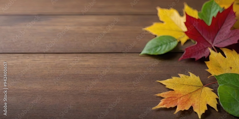 A wooden table with a variety of autumn leaves on it A wooden table with a variety of autumn leaves on it