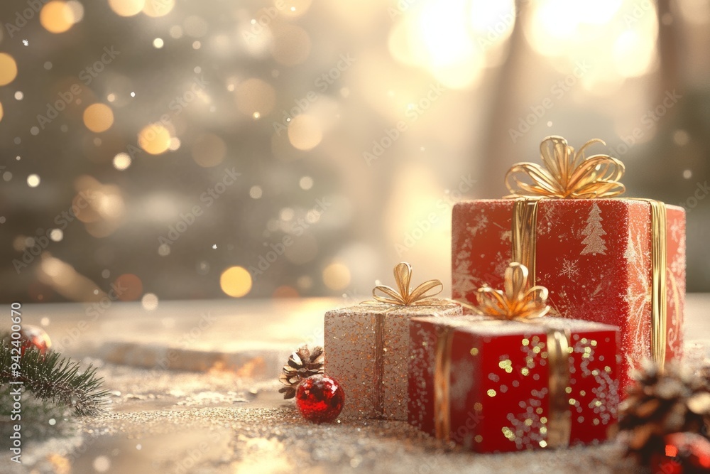 Festive gifts wrapped in red and gold shimmer under soft holiday lights in a cozy winter setting Festive gifts wrapped in red and gold shimmer under soft holiday lights in a cozy winter setting