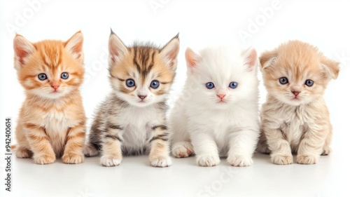 Four kittens are sitting in a row on a white background