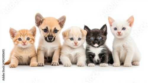 A group of five kittens are sitting in a row on a white background