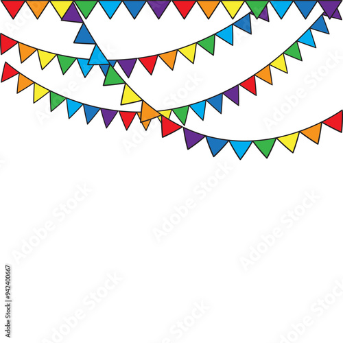 Colorful triangle bunting. Bright festival decor. Vibrant flag garland. Party celebration vector.