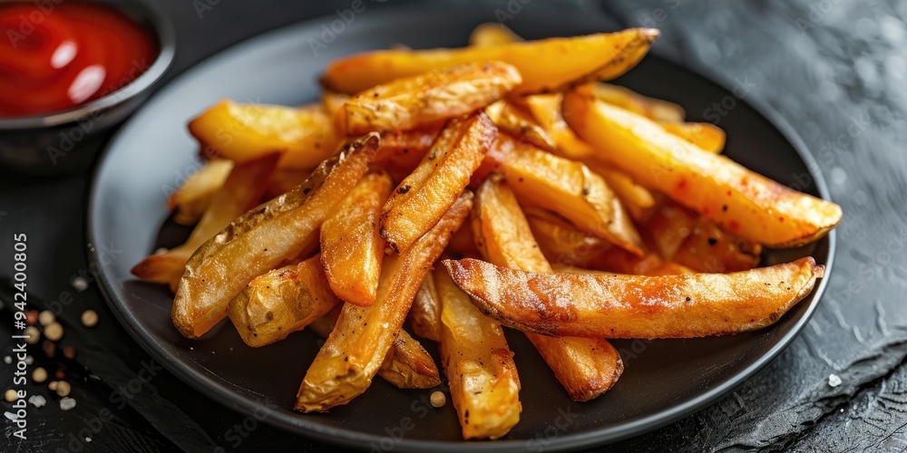 Appetizing French fries served on a black plate Delicious fried potatoes on the table Appetizing French fries served on a black plate Delicious fried potatoes on the table