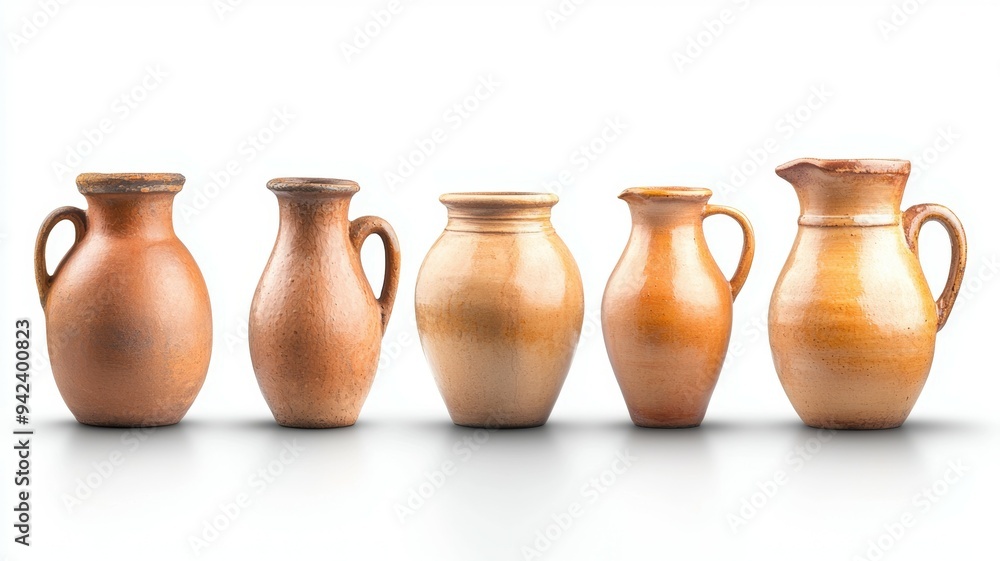 Five vases of different sizes and shapes are lined up on a white background Five vases of different sizes and shapes are lined up on a white background