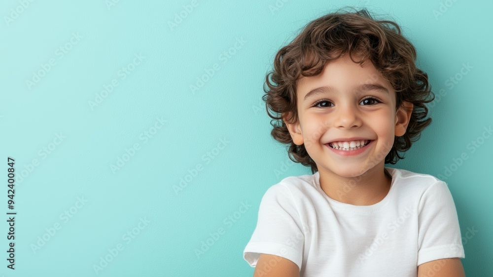 A young boy with curly hair is smiling and looking at the camera A young boy with curly hair is smiling and looking at the camera