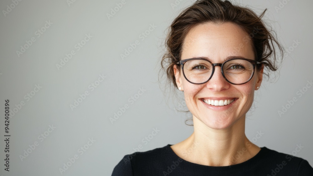 A woman with glasses is smiling and looking at the camera A woman with glasses is smiling and looking at the camera